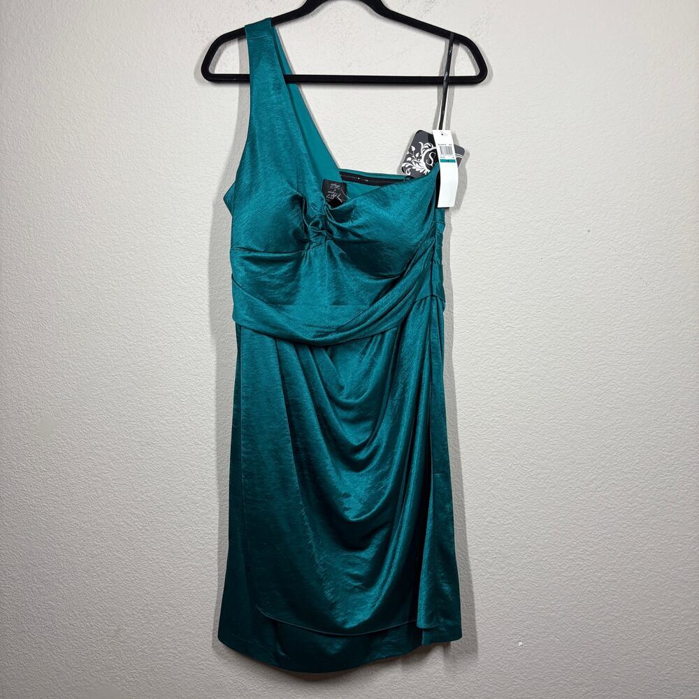 Suzi Chin For Maggy Boutique 16 Satin One Shoulder Dress Green Draped Ruched